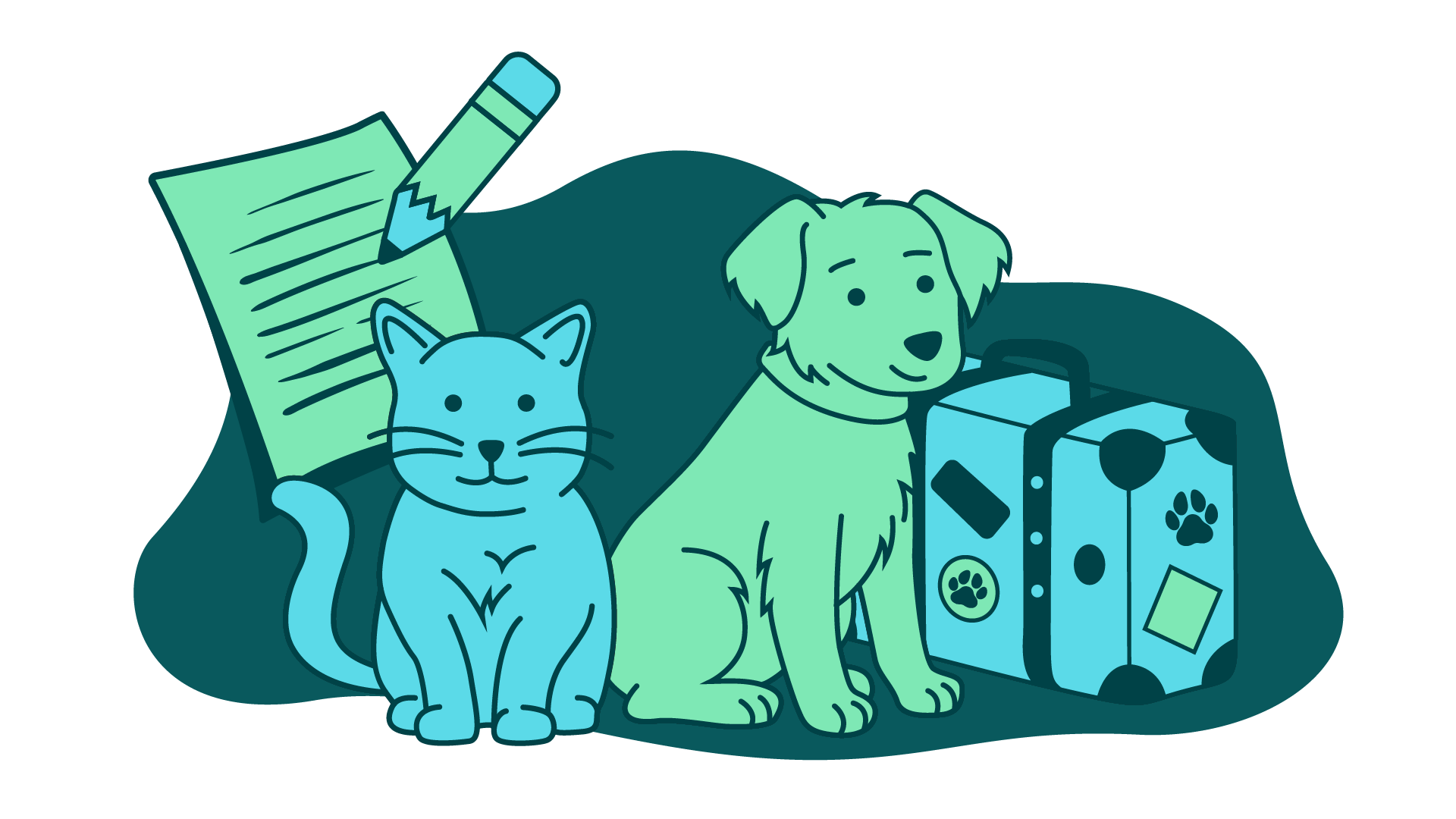 Pet, paperwork and travel case illustration